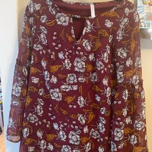 Maroon Flowered Midi Long Sleeve Dress